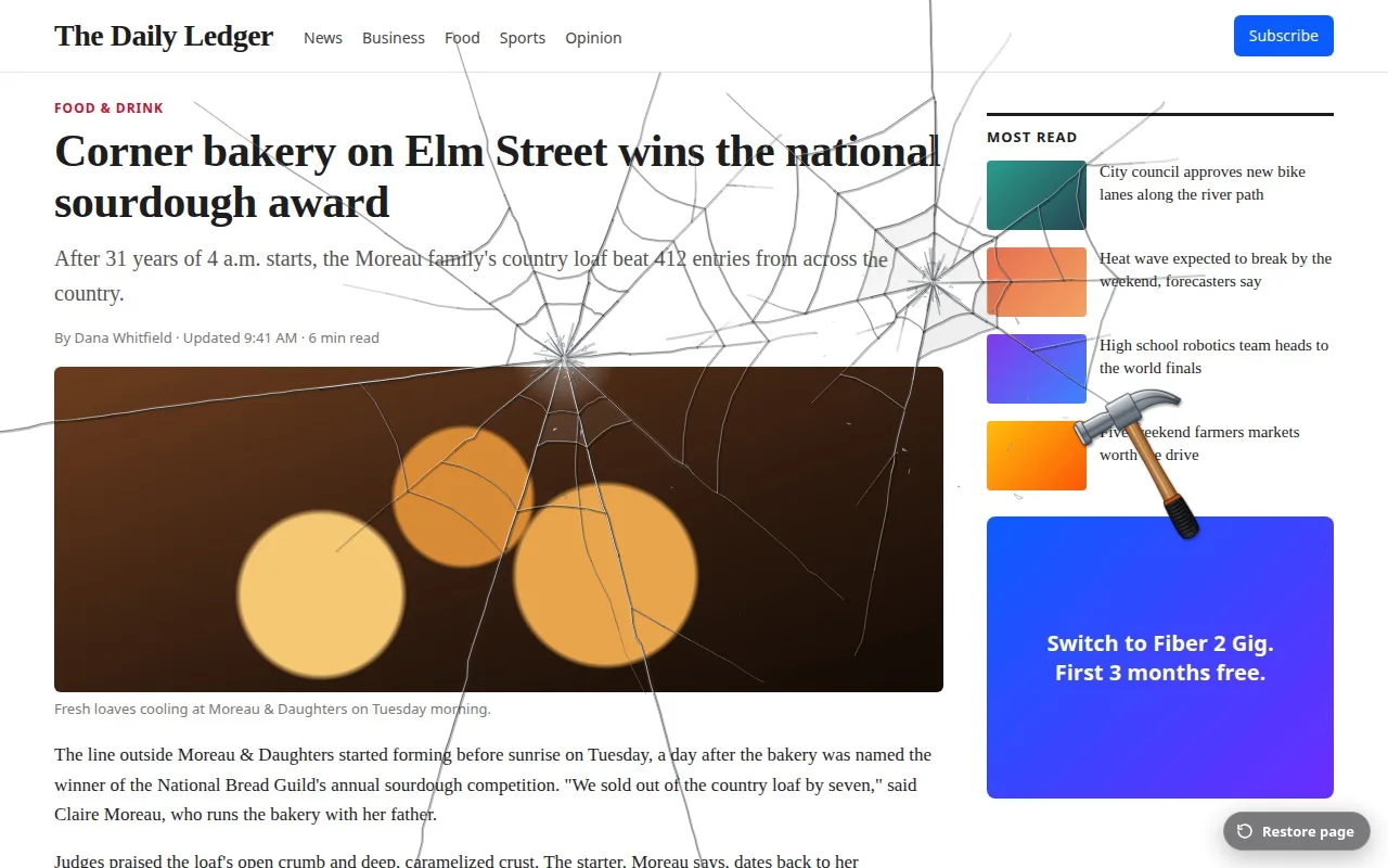 First hammer cracks spreading across a news page