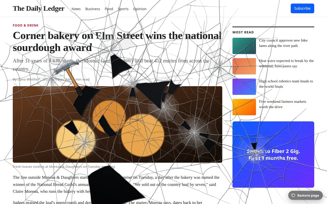A news article covered in cracked glass, with pieces broken out, after a few hammer hits